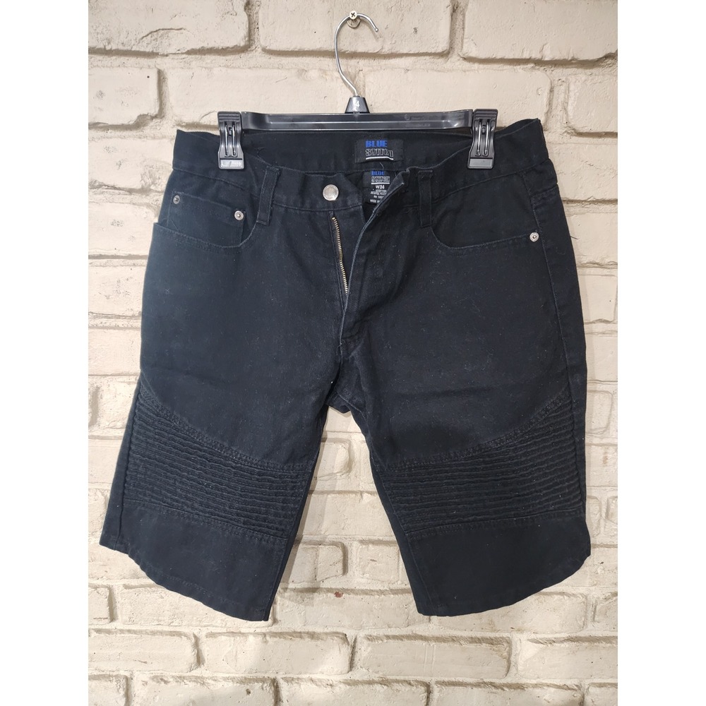 Blue Stitch Mens Black Biker Denim Shorts